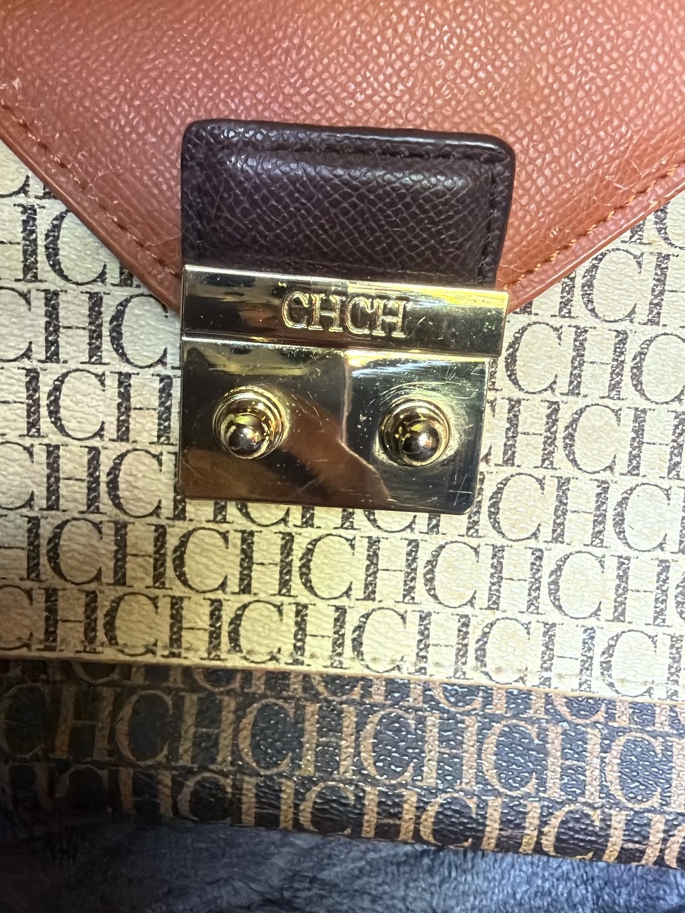Carolina Herrera Tan & Brown CH Monogram Shoulder Bag with Gold Hardware